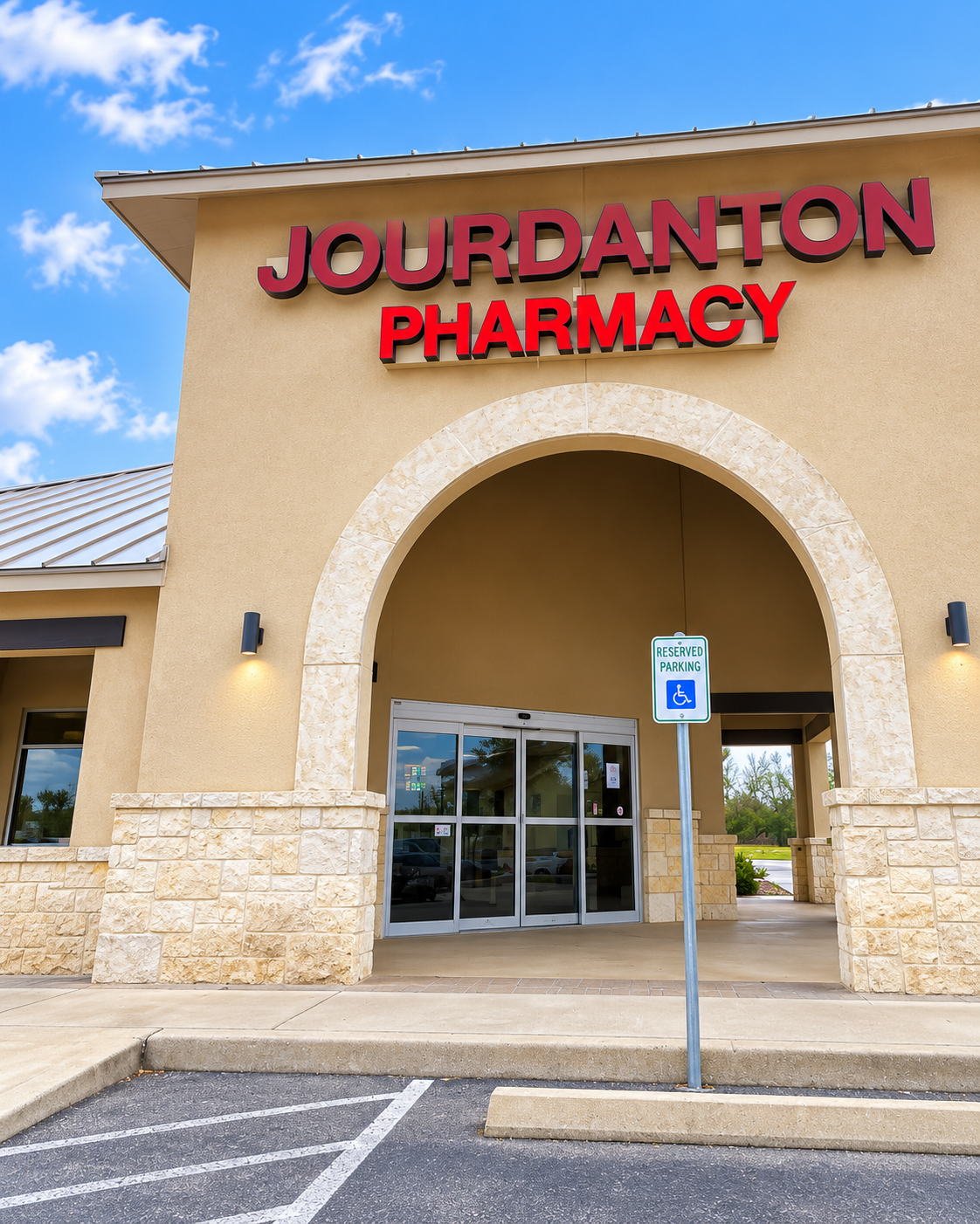 Clean front entrance of Jourdanton Pharmacy